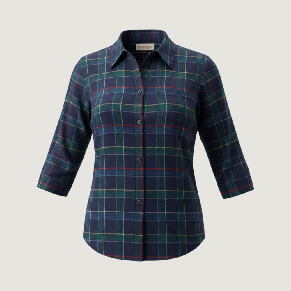 Krazy Kat Womens Medium Plaid Button Down Shirt 3/4 Sleeve Cotton Navy Multi